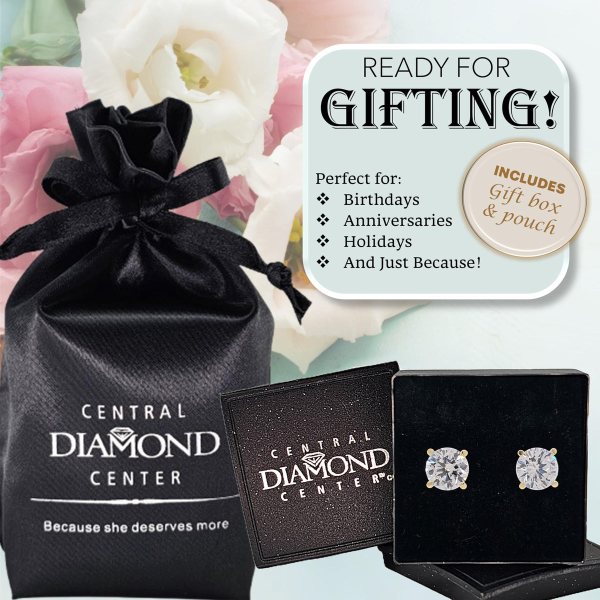 Central Diamond Center 14K Solid Gold Post & Sterling Silver 4 Prong CZ Stud Earrings - Yellow Gold Plated - 8.50mm - 5.00cttw