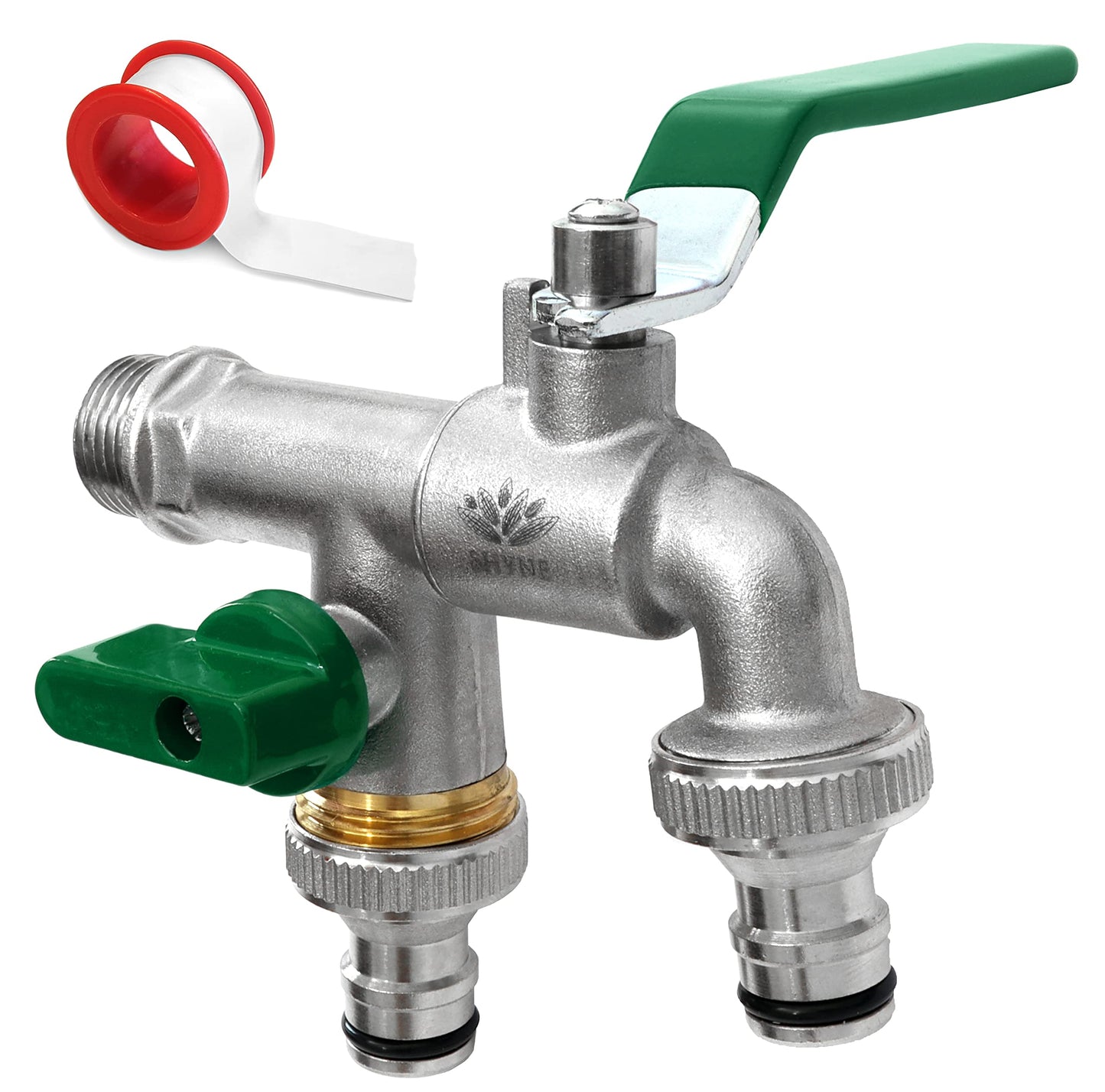 SHYNE Premium 3/4'' BSP (1.04 Inch) Brass Double Water Tap - Rust and Frost Resistant + 2X Hose Connectors + E-Book | for Garden, Washing Machine, Rain Barrel