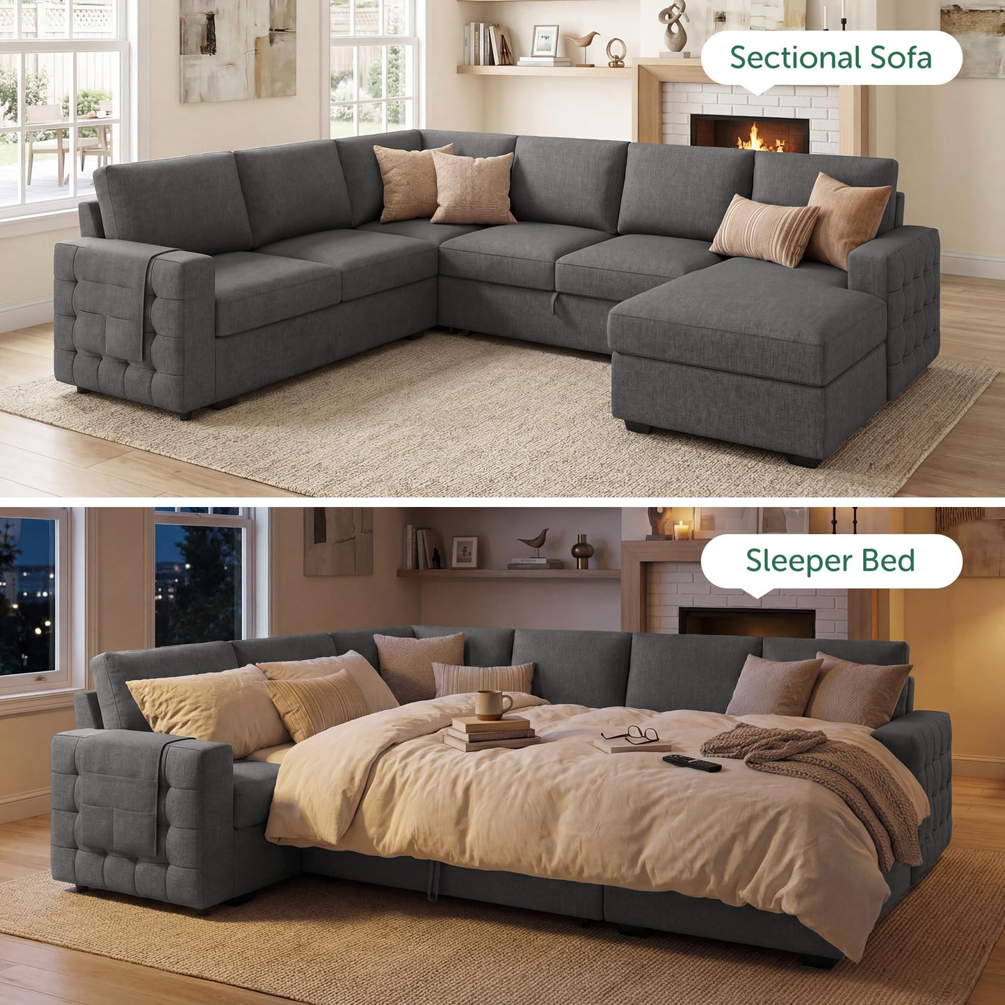 HONBAY Sectional Sleeper Sofa with Pull Out Bed U-Shape Sectional Couch Sleeper Bed with Storage Chaise 6 Seater Sleeper Sectional Sofa, Light Grey