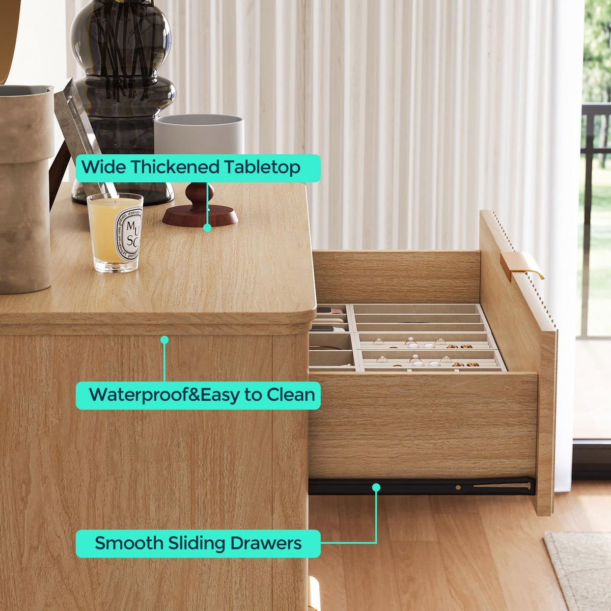 LINSY Fluted 5 Drawer Dresser for Bedroom, 46" Tall Mid-Century Modern Chest of Drawers, Deep Storage Dresser with Curved Corner Design, Large Accent Wood Cabinet for Bedroom, Oak