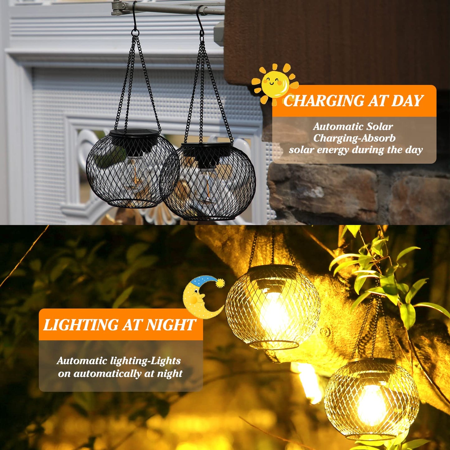 KagoLing Solar Lanterns, 2 Pack Solar Lantern Outdoor Garden with IP65 Waterproof Hanging Lights Auto On Off Metal Yard Art Garden Lights for Patio Lawn Table Fence Ornaments Warmwhite