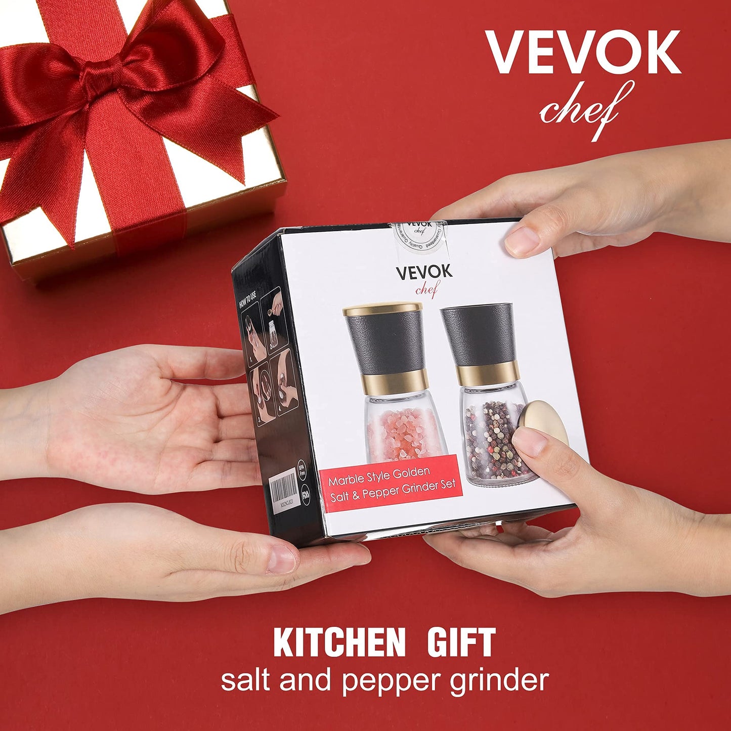 VEVOK CHEF Gold Salt and Pepper Grinder Set Stainless steel Salt and Pepper Mill Set Ceramic Adjustable Coarseness Spice Grinder Refillable Sea Salt Shaker Home Kitchen Decor