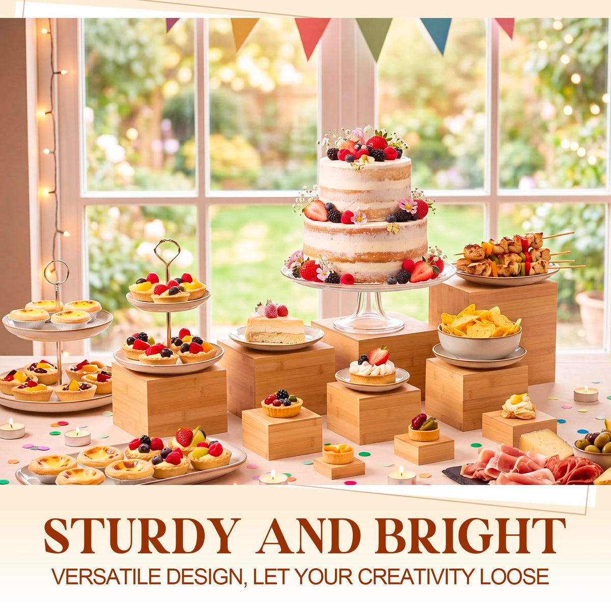 Fiwochic 10 Pcs Bamboo Buffet Risers, 9.8'' 8.8'' 7.9'' 6.9'' 5.9'' 4.9'' 4'' 3'', Large Food Risers for Buffet Table, Cake Display Stand Cube Box for Wedding Party Catering Dessert Jewelry Home Decor