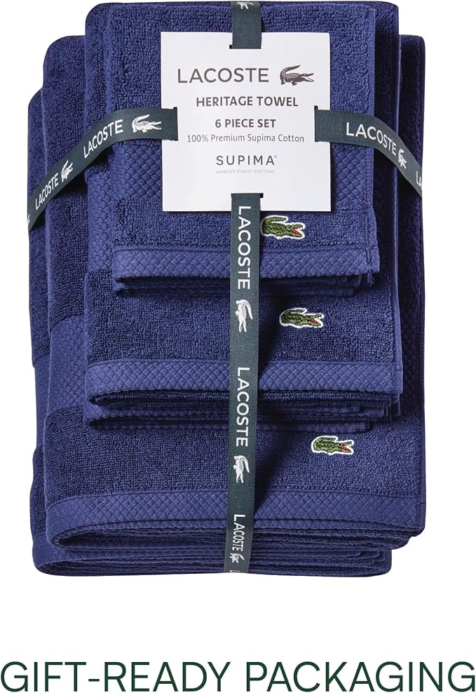 Lacoste Heritage Supima Cotton 6-Piece Towel Set, 2 Bath Towels, 2 Hand Towels