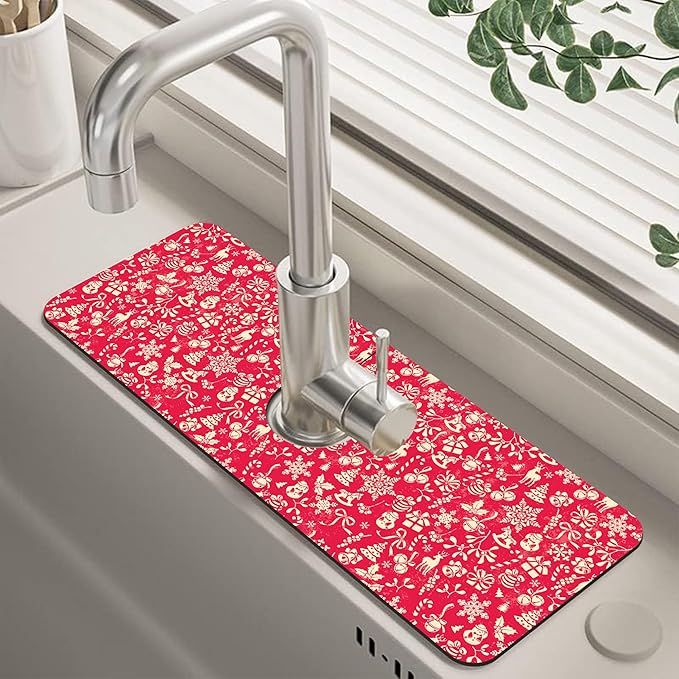 Christmas Reindeer Bell Snowflake Kitchen Sink Splash Guard Mat Absorbent Fast