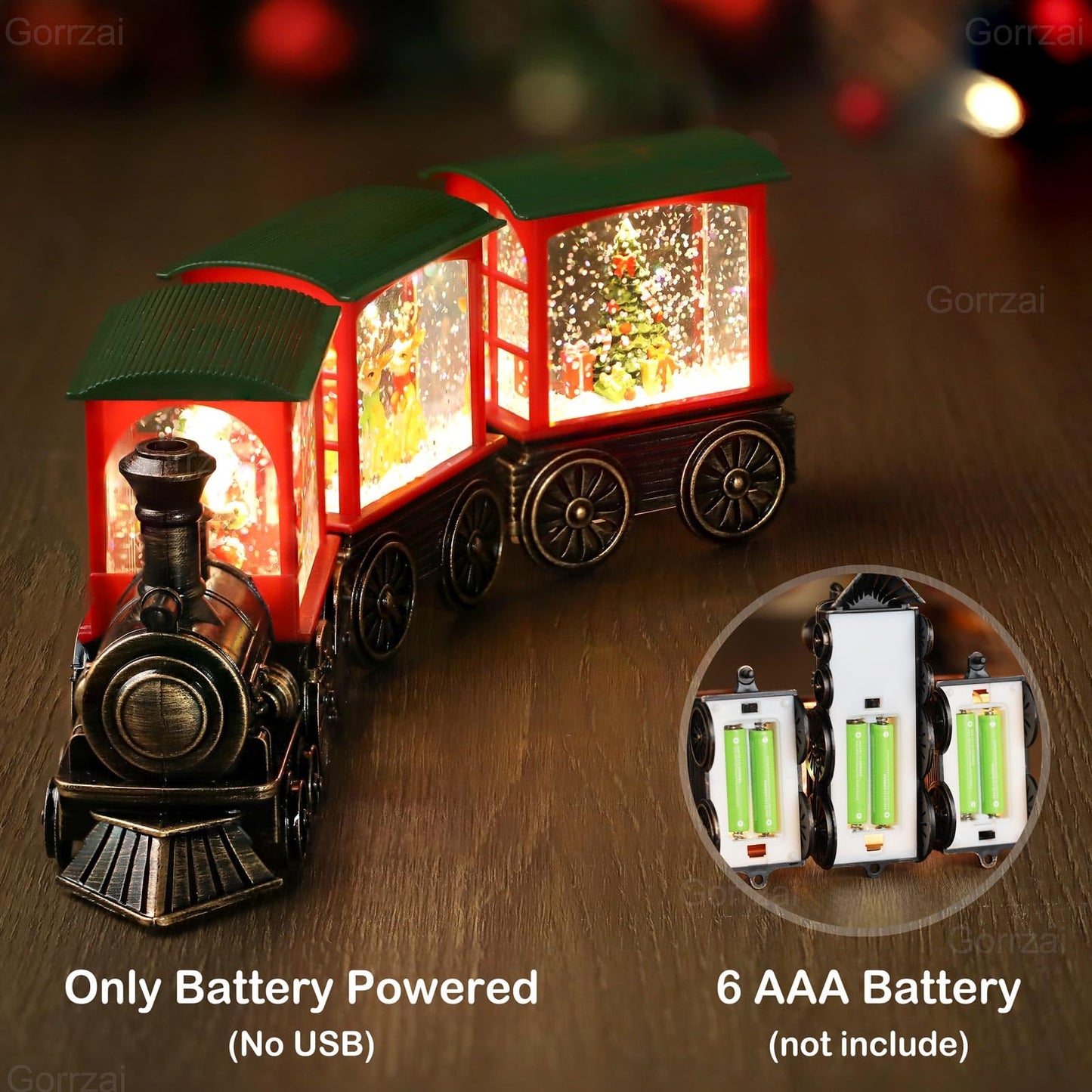 Gorrzai Train Snow Globe Christmas Snow Globe Lantern with Auto 6H Timer and Manual Glitter, Lighted Christmas Decorations Indoor with Santa Claus Reindeer Tree for Home Tabletop, Battery Operated
