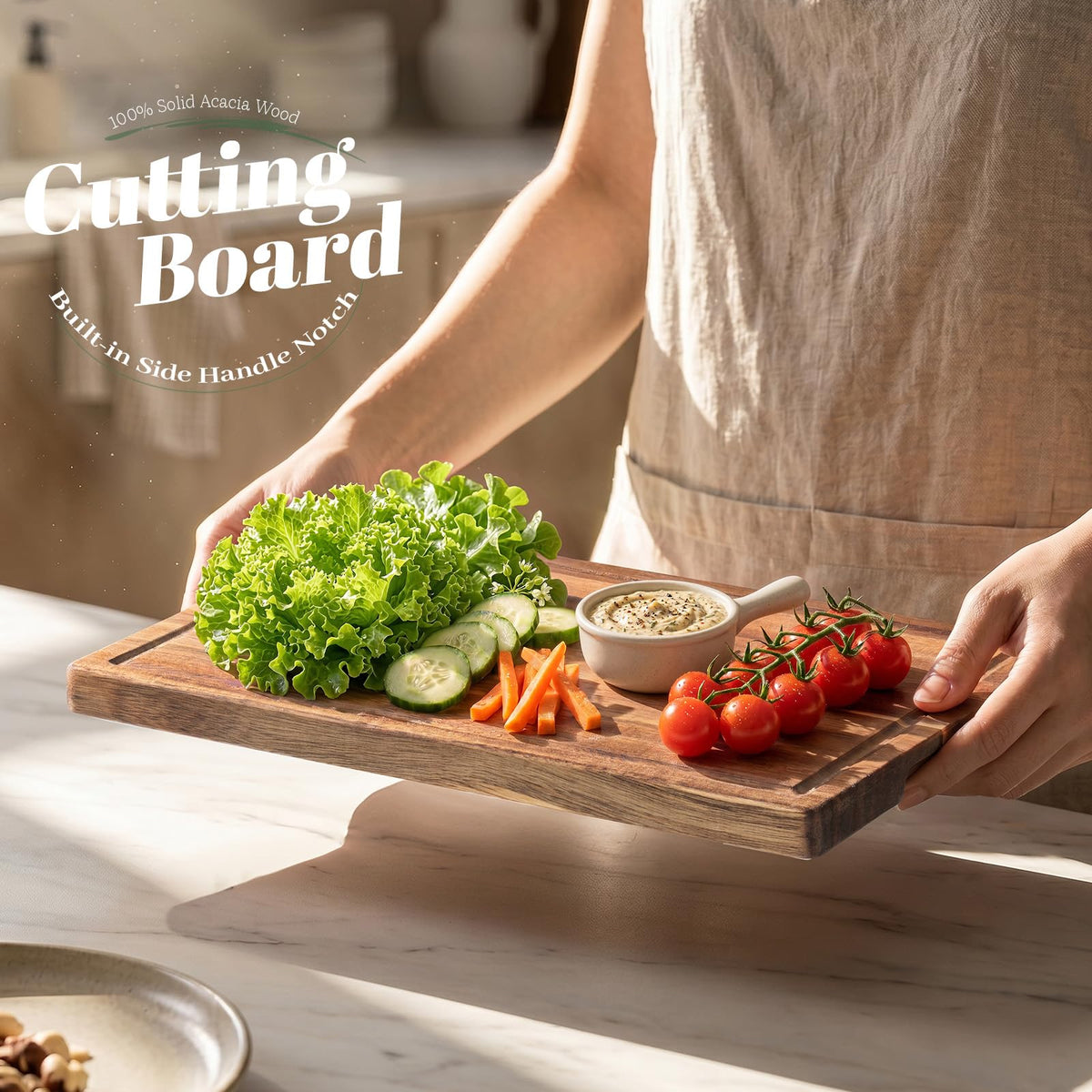 Cutting Boards for Kitchen with Wood Storage Stand Chopping Board Acacia Wood Cutting Board Juice Groove Easy-Grip Handles,Serving Tray for Charcuterie Meat Vegetables(Multi-Size Set | 3 Pack)