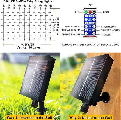 Whywhife Solar Curtain Lights Outdoor Garden 300 LED Fairy String Lights 8 Modes Remote Control Waterproof Waterfall Lights for Gazebo Patio Home Festival Wedding Wall Christmas Decorations(White)
