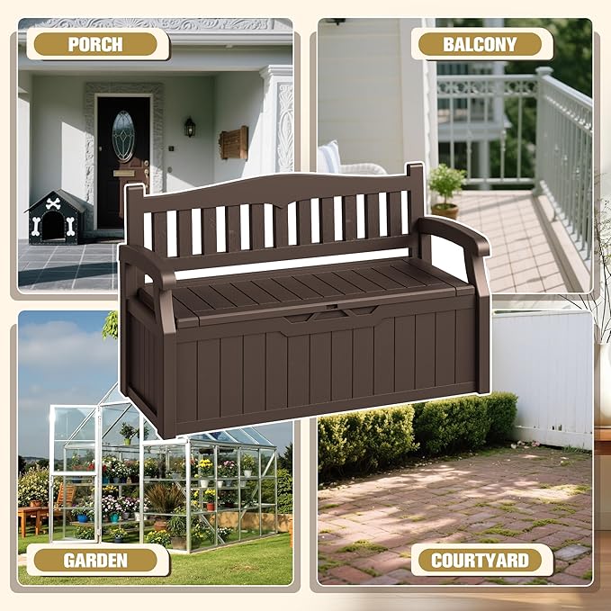 80-Gallon Outdoor Storage Bench, Waterproof Deck Box with Lockable Lid & Armrests for Patio, Garden, Pool, Brown