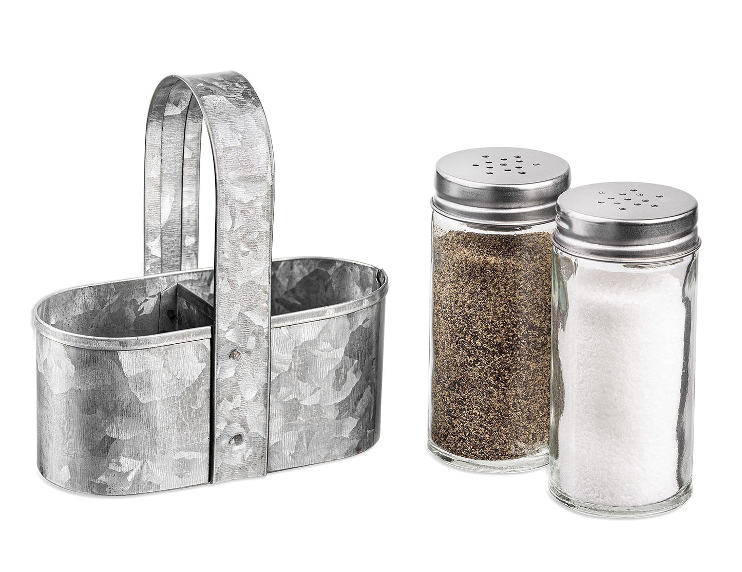Royalty Art Farmhouse Salt and Pepper Holder with Carry Handle, Rustic Home Decor for Kitchen Counter, Picnic Table, BBQ, and Camping, Silver Galvanized Steel