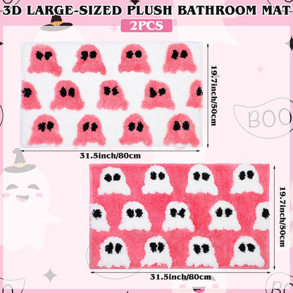 Tinideya 2 Pcs Gothic Bathroom Rugs Decor Pink White Ghost Bathroom Mat Gothic Rug Non Slip Front Door Mat Carpet for Bedroom Home Living Room Kitchen Floor Decor 31.5 x 19.7 Inch