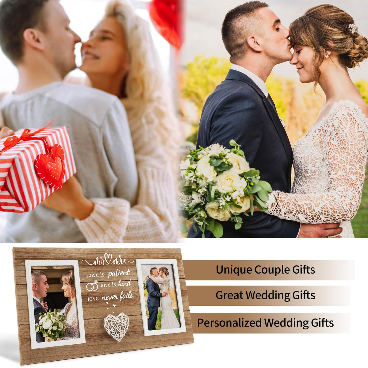 SOUHONEY Wedding Gifts for Couples 2026, Bridal Shower Gifts for Bride to Be, Wedding Picture Frame for Couple - Double 4x6 Pictures Frame - Wooden Couples Newlyweds Picture Frame with Heart Mr& Mrs