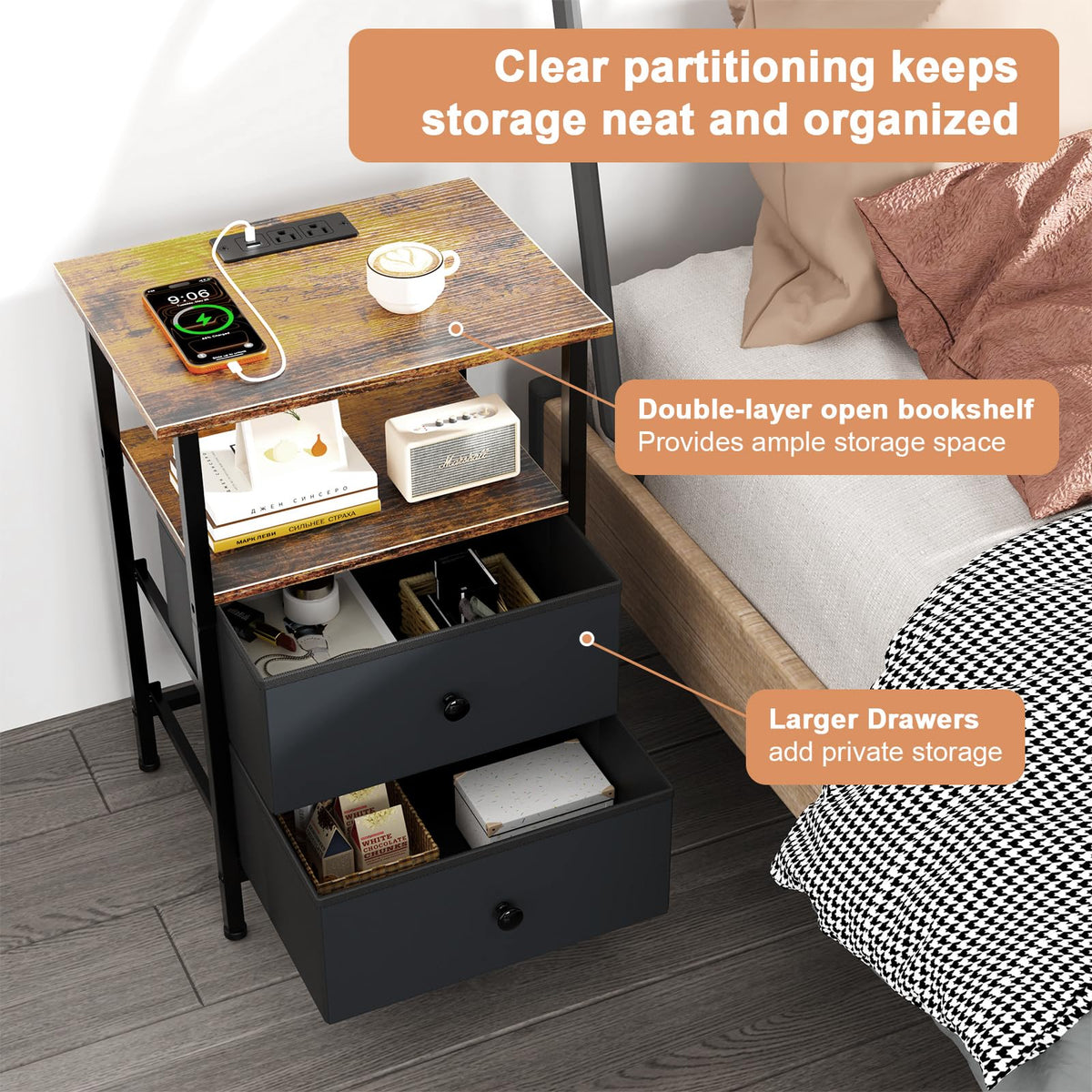 Smoproper Nightstand with Charging Station, Bedside End Table with 2 Fabric Drawers for Bedroom, Side Table with USB Ports and Outlets (Brown Black)