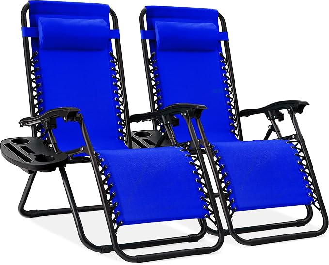 Best Choice Products Set of 2 Adjustable Steel Mesh Zero Gravity Lounge Chair Recliners w/Pillows and Cup Holder Trays - Cobalt Blue