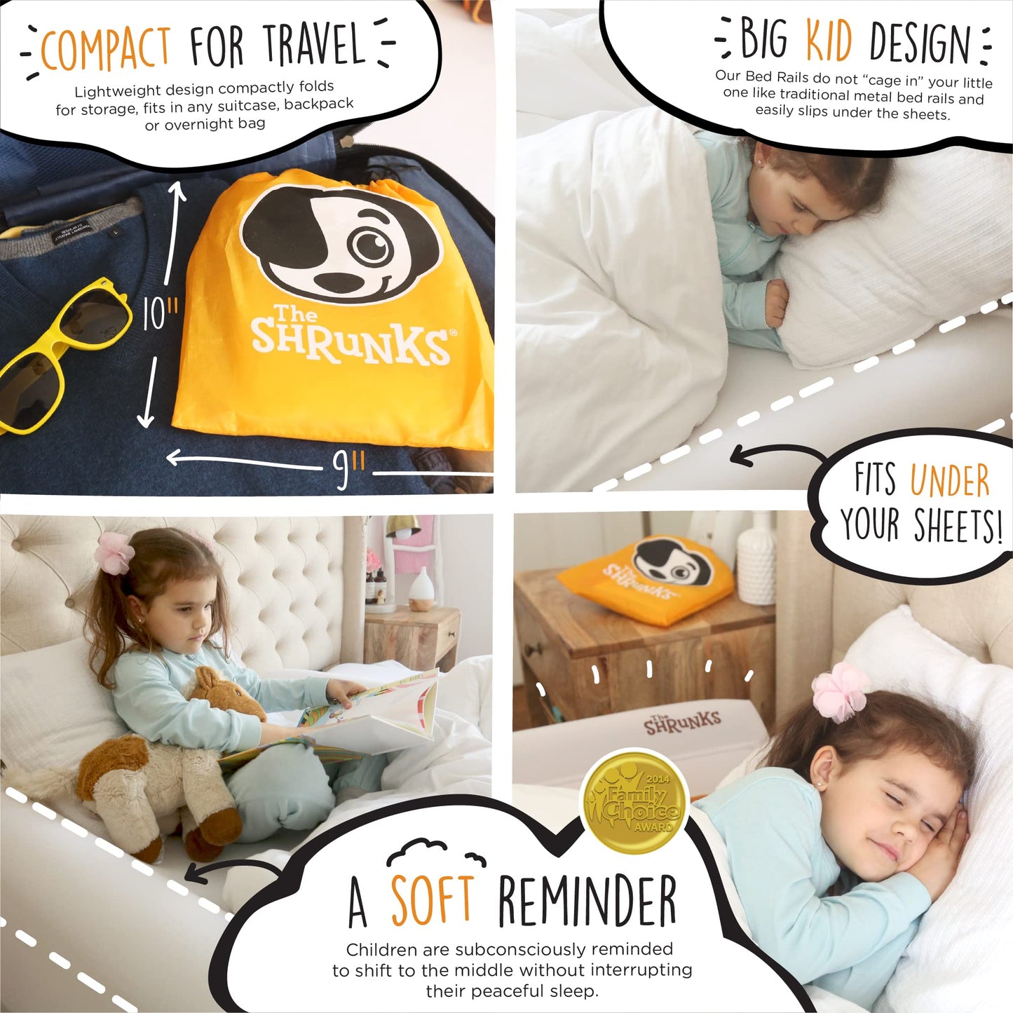 The Shrunks Sleep Security Inflatable Bed Guard (2 Pack) - Safe & Portable Toddler Bed Guard / Cot Bumpers for Travel, Holiday or Home Use, 122x18x10cm fits under Bed Sheet with non-slip grips.