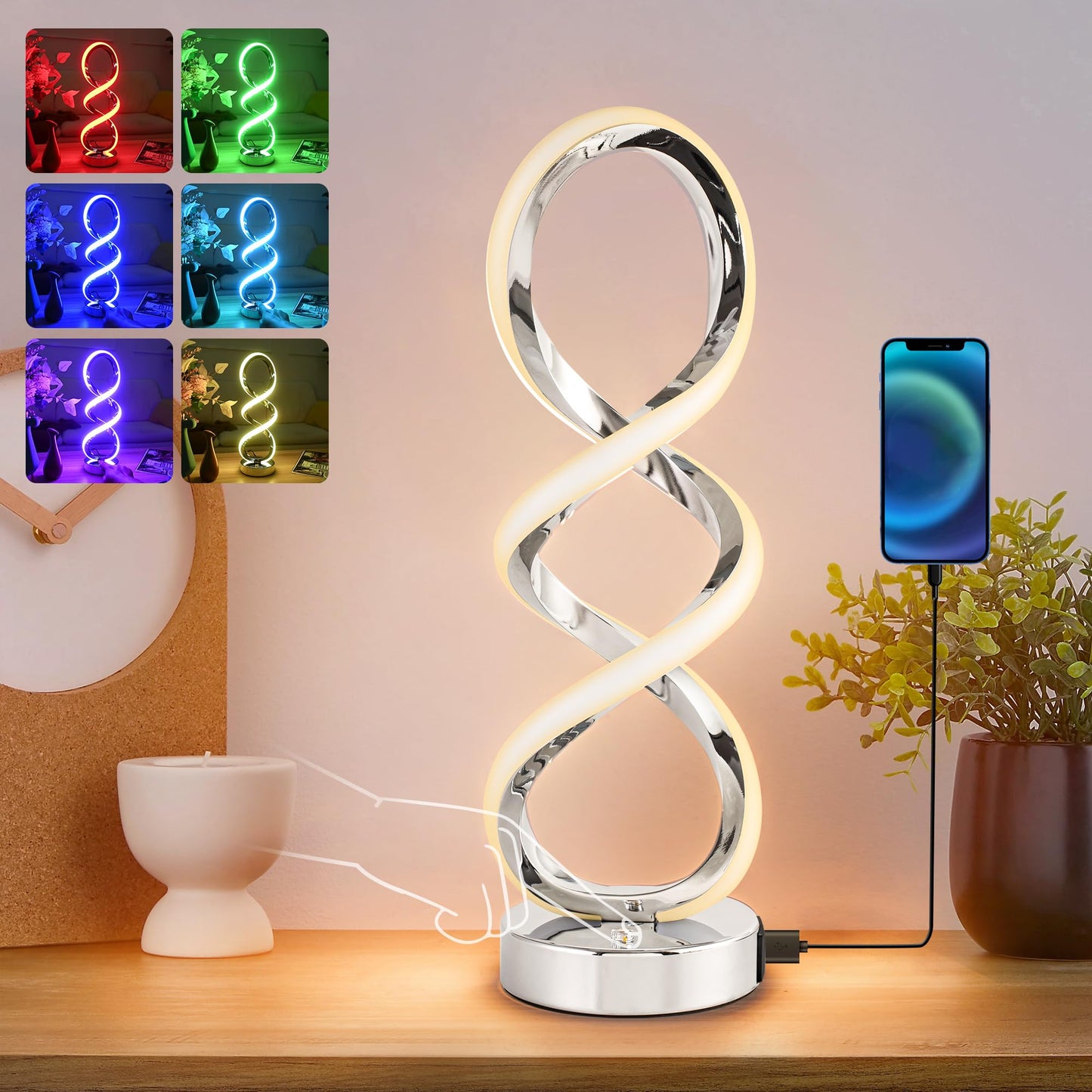 Adebime Modern Spiral RGB Table Lamp, Touch Dimmable Bedside Lamp, 7 Colors 10 Light Modes Spiral Design Table Lamp, Unique Nightstand Lamp for Living Room, Bedroom, Cool Lamps, Silver