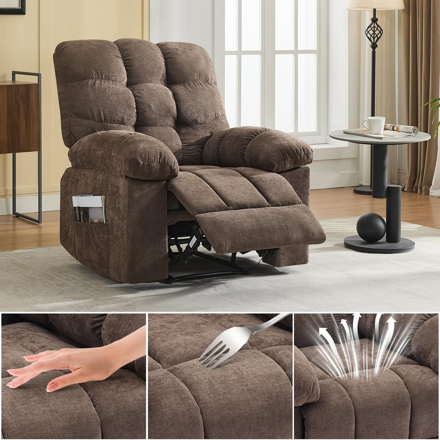 Light Brown Ergonomic Recliner Chair - Overstuffed Rocking Recliner with Massage & Heat, Wide High-Back Linen Reclining Chair, Manual Adjustable with Remote & Dual Side Pockets for Living Room Bedroom