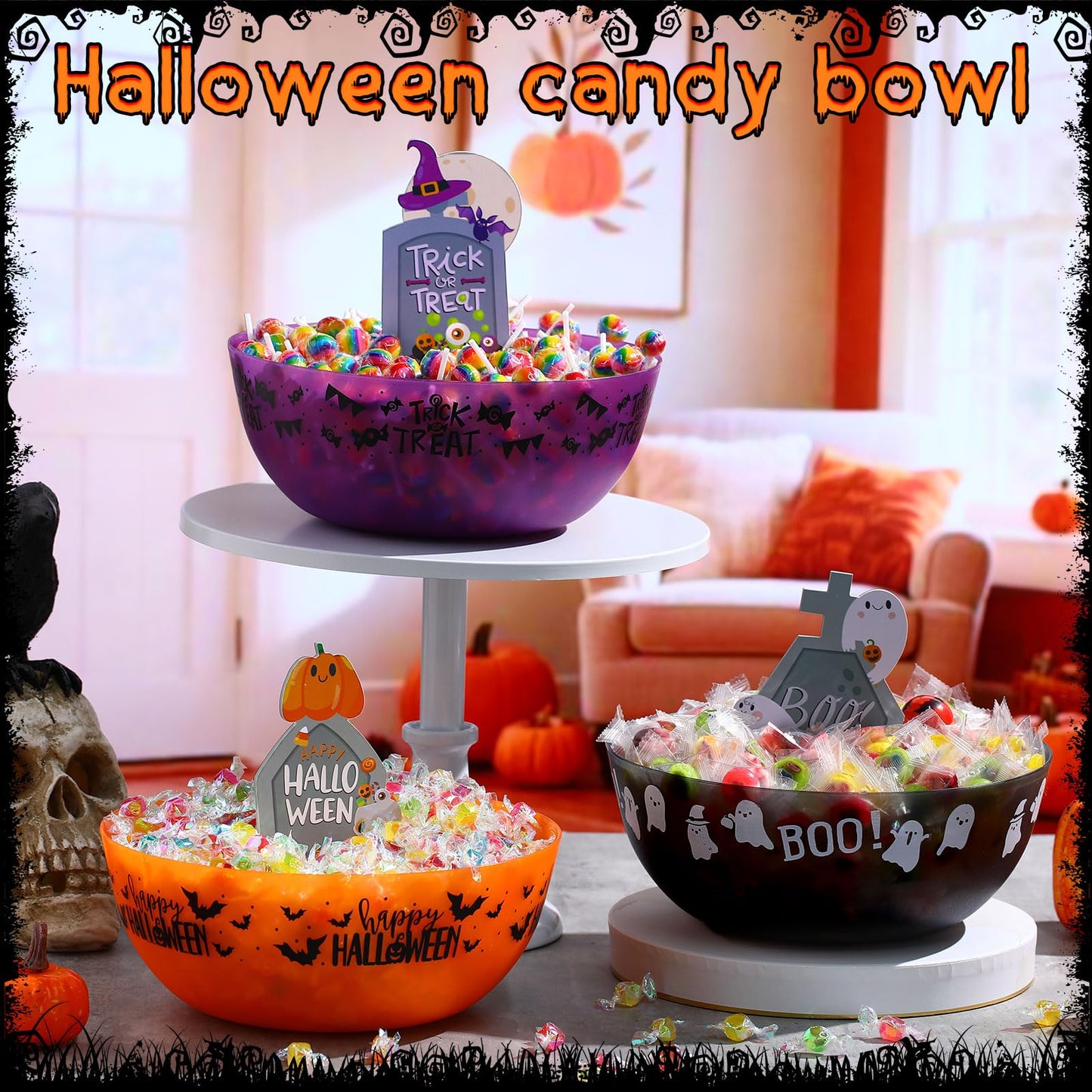 Tioncy 3 Set Large Halloween Candy Bowls with Tombstones Stands, Plastic Candy Dish Serving Bowls Treat Sweet Holders Party Decor Halloween Party Supplies