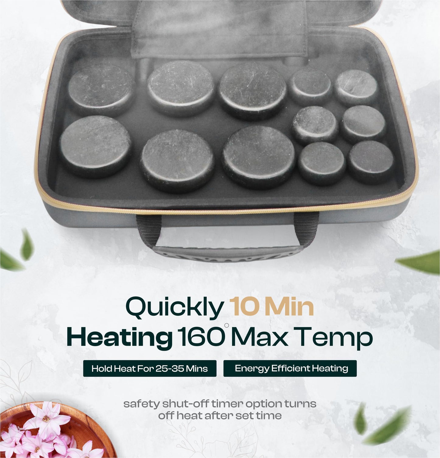 BlissFlow Hot Stones Massage Set with Portable Warmer, 12 Basalt Massage Stones, Hot Rocks Massage Stones, Hot Stone Warmer with Bag and Built-in Digital Control