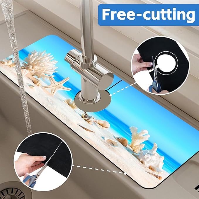 Tropical Beach Seashells Kitchen Sink Splash Guard Absorbent Fast Drying Mat