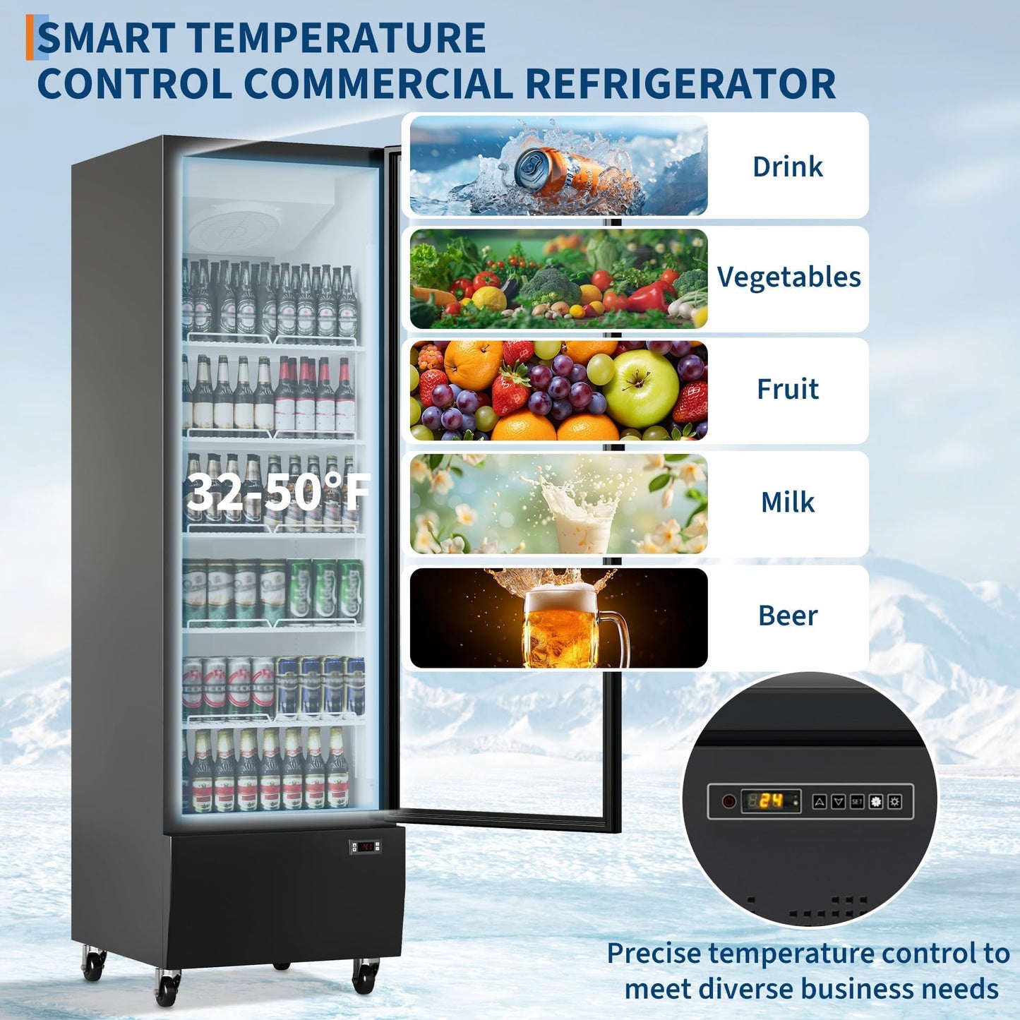 Commercial Merchandiser Refrigerator 17.7 Cu.ft Beverage Cooler, Glass Door Display Fridge with 5 Adjustable Shelves, Large Capacity Bar Fridge for Restaurant, Store, Upright Freezer for Home, Black