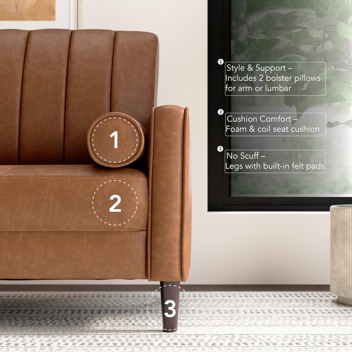 Bush Home 77-inch Sofa, Living Room Furniture, Max Collection, Buffed Camel Vegan Leather