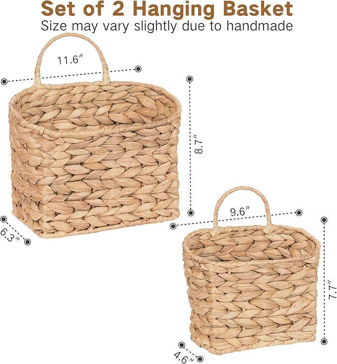 Set of 2 Hanging Basket, Wicker Wall Basket Natural Water Hyacinth, Hanging