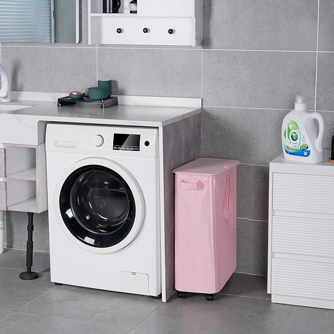 Slim Laundry Hamper with Lid and Wheels, Small Rolling Laundry Basket with