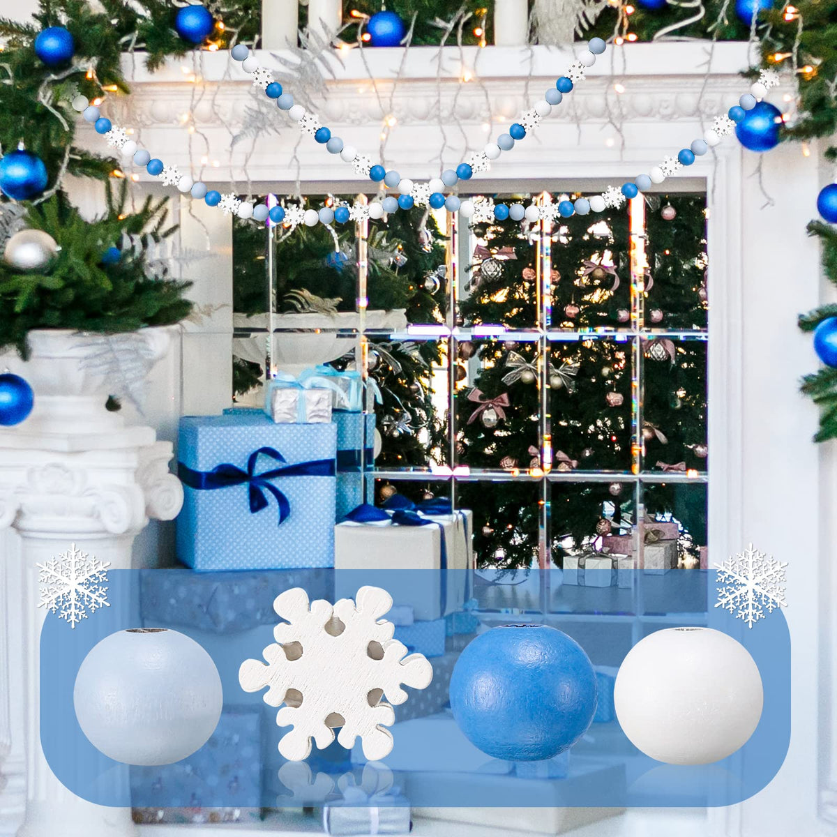 Landhoow 220 Pcs 0.6 Inch Christmas Wooden Beads Winter Snowflakes Craft Beads Blue Natural Wood Round Beads with 65.6 Feet Twine for DIY Making Necklace Bracelet Garland Home Xmas Decor