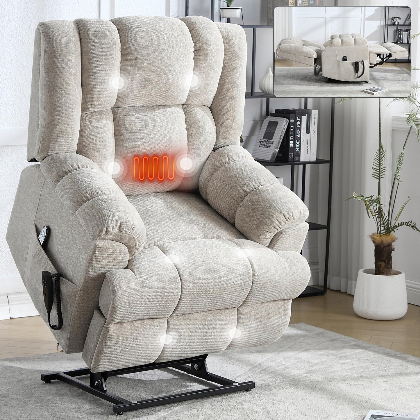 GDFStudio Dual Motor Power Lift Recliner Chair with Massage and Lumbar Heat, Heavy Duty Electric Reclining Chair with Remote Control, Supports Up to 350 LBS, Beige