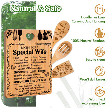 Valentine Day Gifts for Wife - "Recipe for a Special Wife" Valentine's Day Gifts for Her Cutting Board Set, Bamboo-Made Engraved Utensil Set Gifts for Wife
