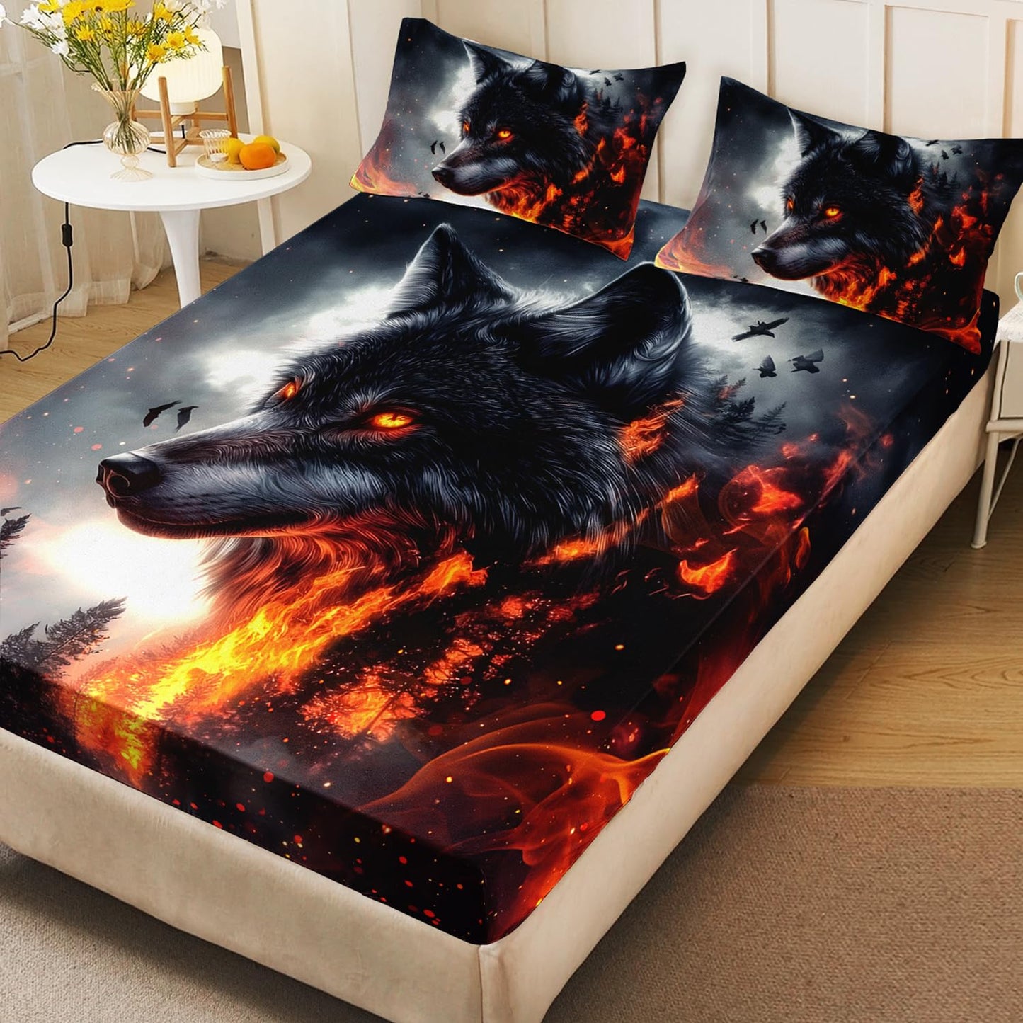 HOSIMA Wolf Twin Bedding Sets for Kids,Wolf Surrounded by Fire Print Lightweight Fitted Sheet,Animal Themed Forest Wildlife Bedding Sets for Boys Room Decor,1 Fitted Sheet+2 Pillowcases.