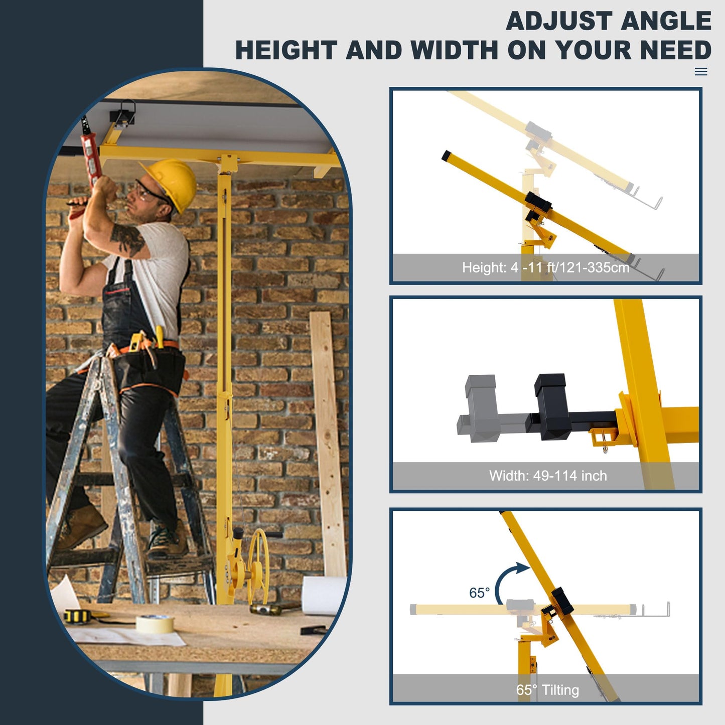 11 ft Drywall Lift,Drywall Rolling Lifter Panel,150 LBS Heavy Duty Sheetrock Lift Drywall Lift,Drywall Lift Panel Hoist Jack with 360° Adjustable Telescopic Arm & 3 Lockable Wheels (11 ft Yellow)