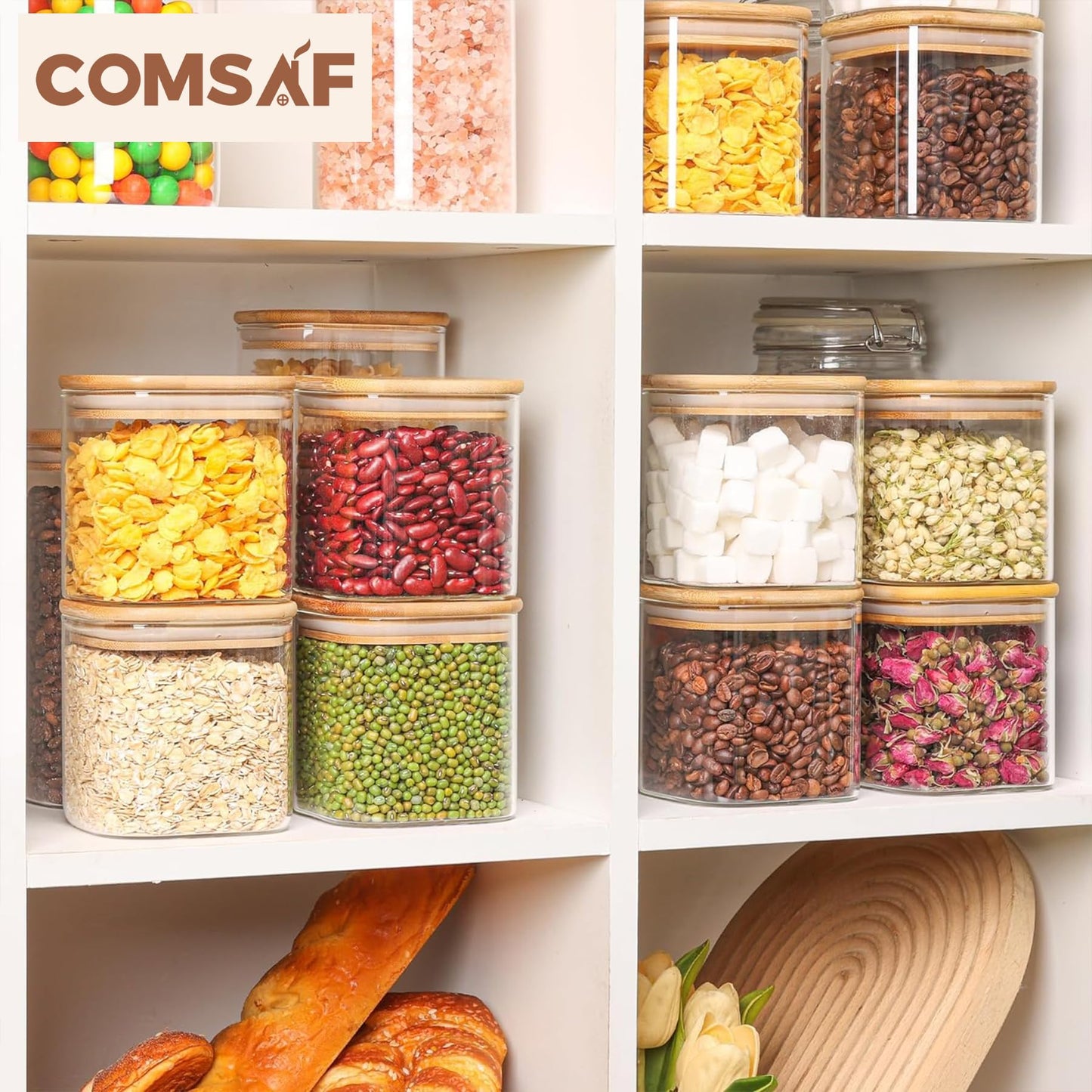 ComSaf 0.7 Qt Glass Food Storage Jars Set of 9, Clear Glass Storage Containers with Lids, Pantry Organization Jar, Spice, Blooming Tea, Oat, Coffee and Sugar Container, Small Canister Set for Kitchen