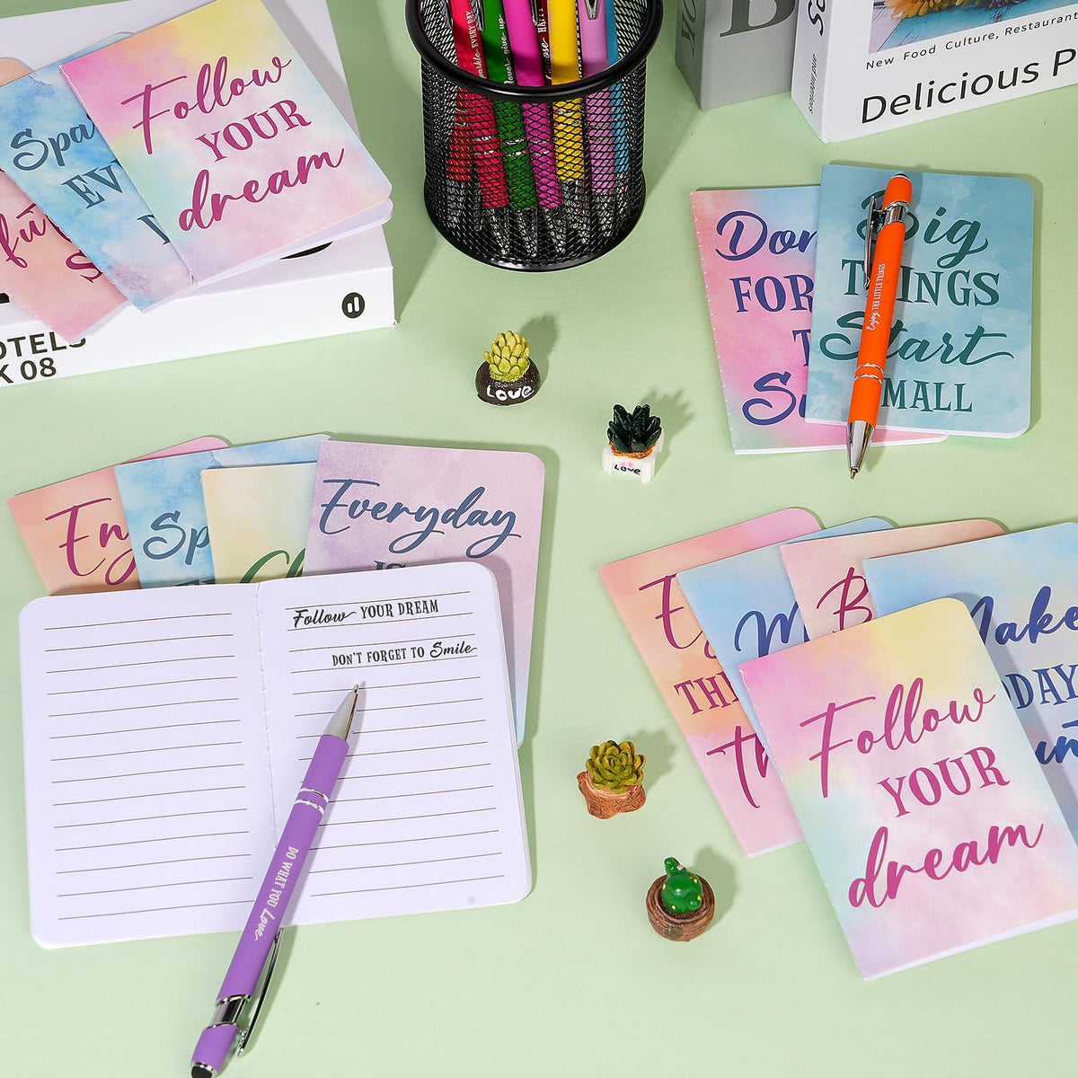 96 Pcs Watercolor Bulk Motivational Pens Inspirational Notepads Set, Pocket Motivational Quote Notebooks Ballpoint Pens, Mini Journals Gift Set for Kids Students Teachers School Office Prizes Supplies