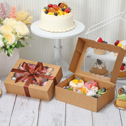 COTOPHER Auto Pop Up Cookie Box with Window 8x6x2.5 Inches – 50 Pack Brown Bakery Boxes with Ribbon for Birthday Party Favors, Wedding, Christmas Gift Packaging for Cookies, Candy, Macarons