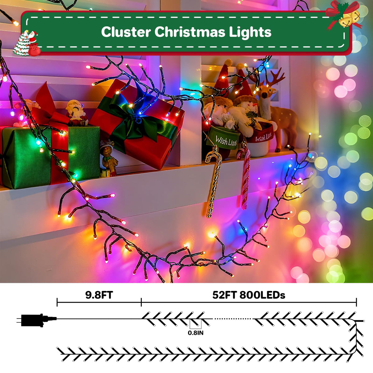 Christmas Cluster Lights Plug-in -52FT 800 LED Firecrackers String Lights,8 Modes Timer Waterproof Twinkle Fairy Lights for Christmas Tree Garland Party(Multicolor)