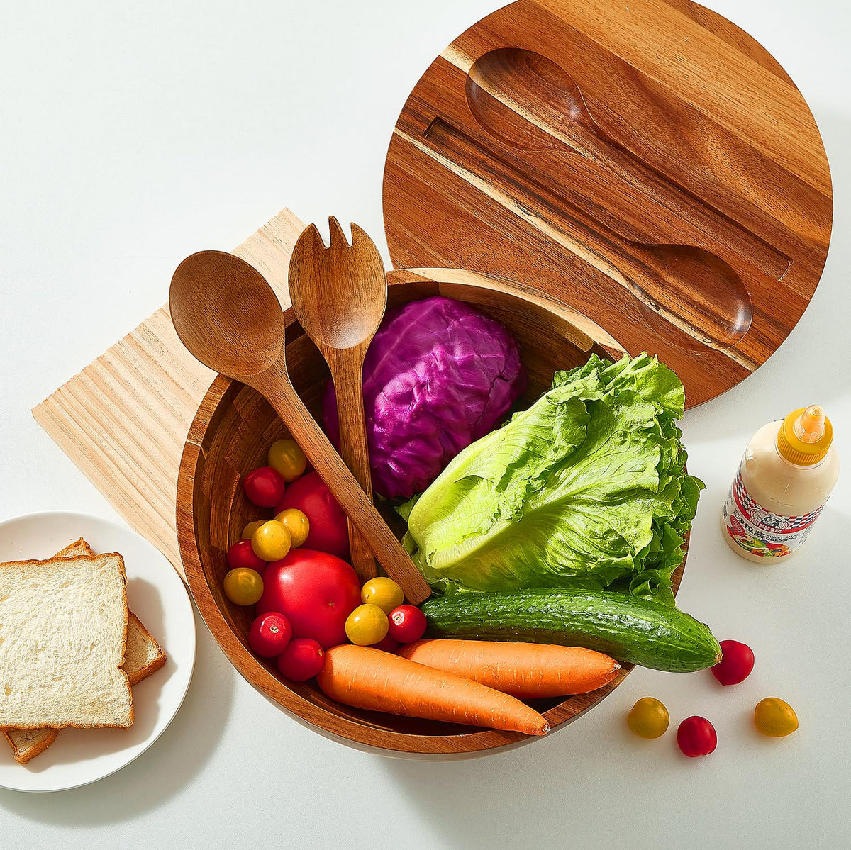 JOYMAY Salad Bowls Wood Salad Bowl Set with Lid 11.8 Inch Large Wooden Bowls Set Acacia Wood Serving-Bowl with Serving Utensils Bowl for Kitchen, Dining, Party