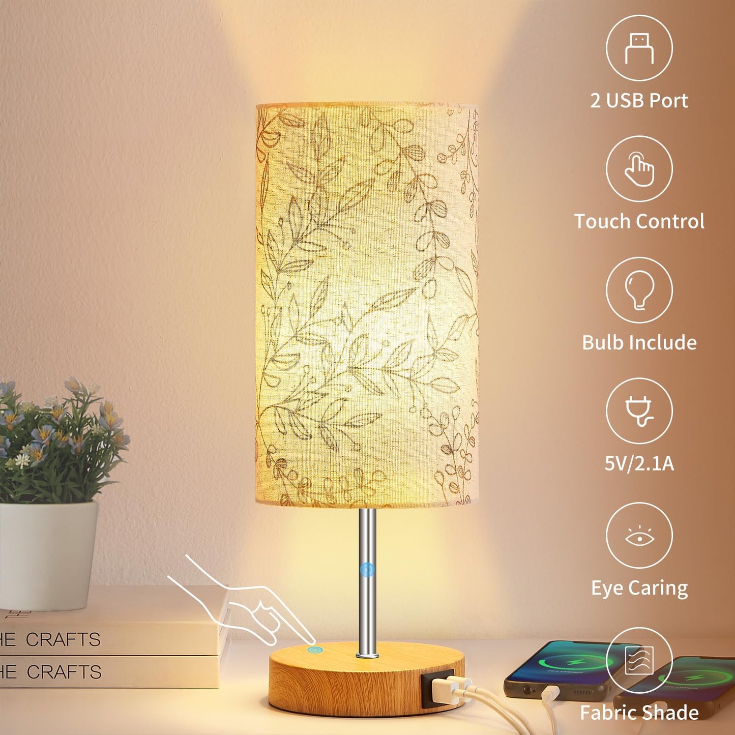 Bedside Touch Lamp, Wood Small Table lamp for Bedroom with 2 USB Charging Ports & Flower Fabric Shade, 3-Way Dimmable Nightstand Lamps for Living Room Office Reading Desk Home Dorm(LED Bulb Included)