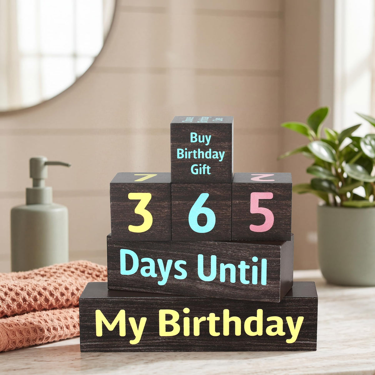 7 Pcs 365 Days Countdown Birthday Wooden Table Decor, Birthday Activities Decision Dice Rustic Table Centerpiece Decorations for Home Office