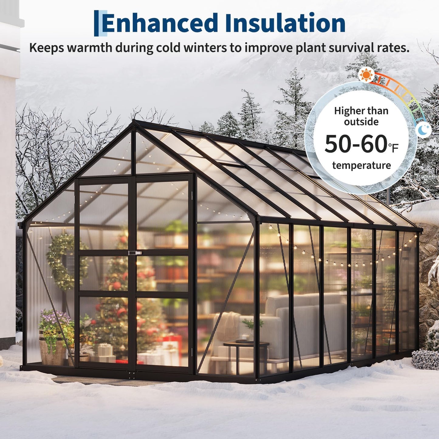 12x8 ft Outdoor Walk in Greenhouse,Polycarbonate Green House Vented Roof Window,Heavy Duty Greenhouse with Aluminum Frame for Backyard Patio Gardening