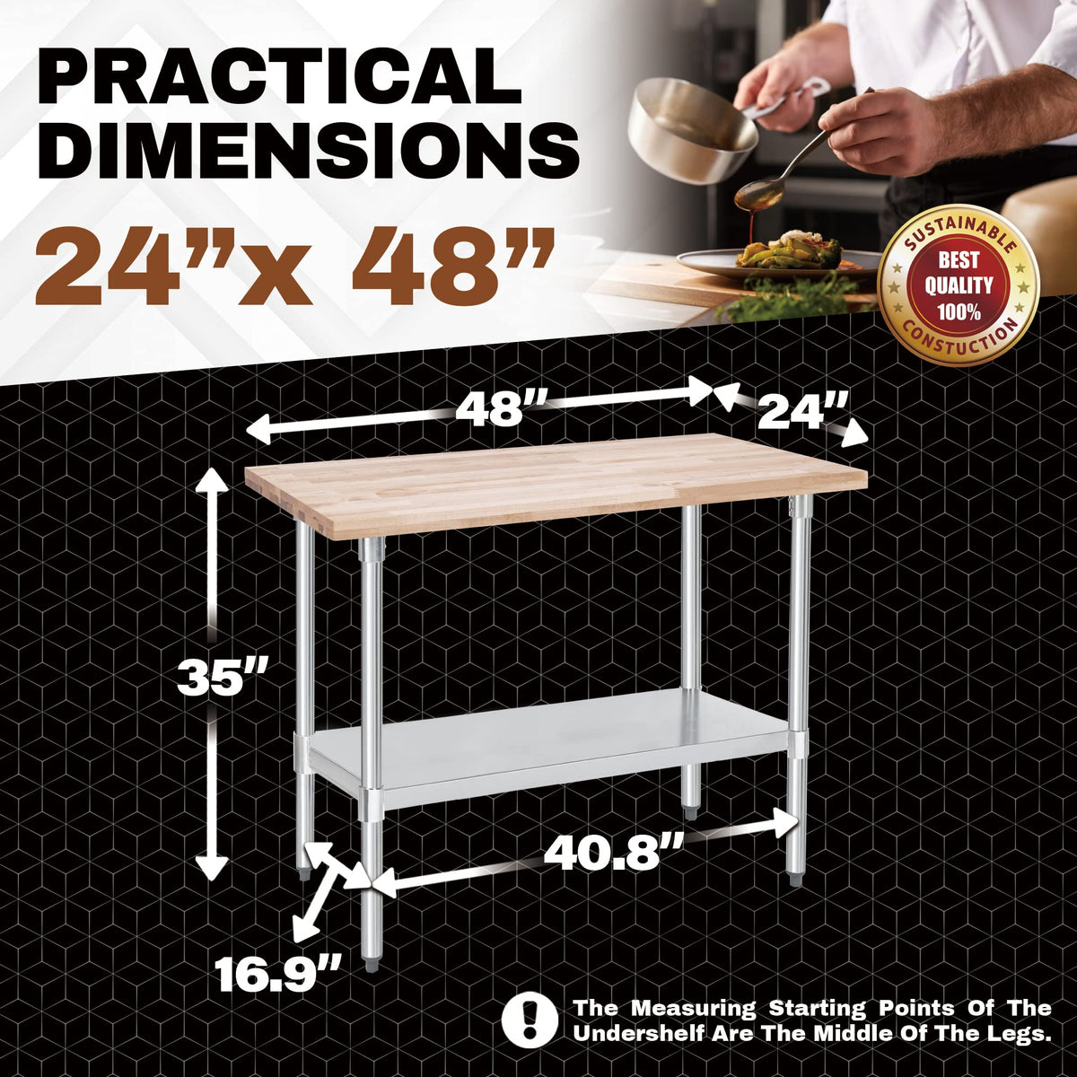DuraSteel US Maple Top Work Table - 24 x 48 x 35 Inch Commercial Butcher Block Wooden Workbench with Adjustable Lower Shelf - Fits Restaurant, Warehouse, Home, Kitchen, Garage