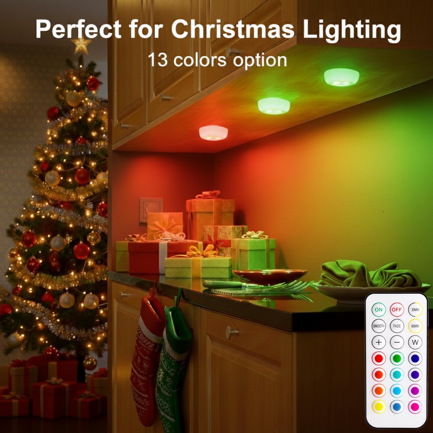 BLS LED Puck Lights with Remote Control, Wireless Under Cabinet & Closet Lighting, RGB 13 Color Changing Lights with Dimmer, Timer & AA Battery Operated, Push, Touch, Stick on for Night, White, 6 Pack