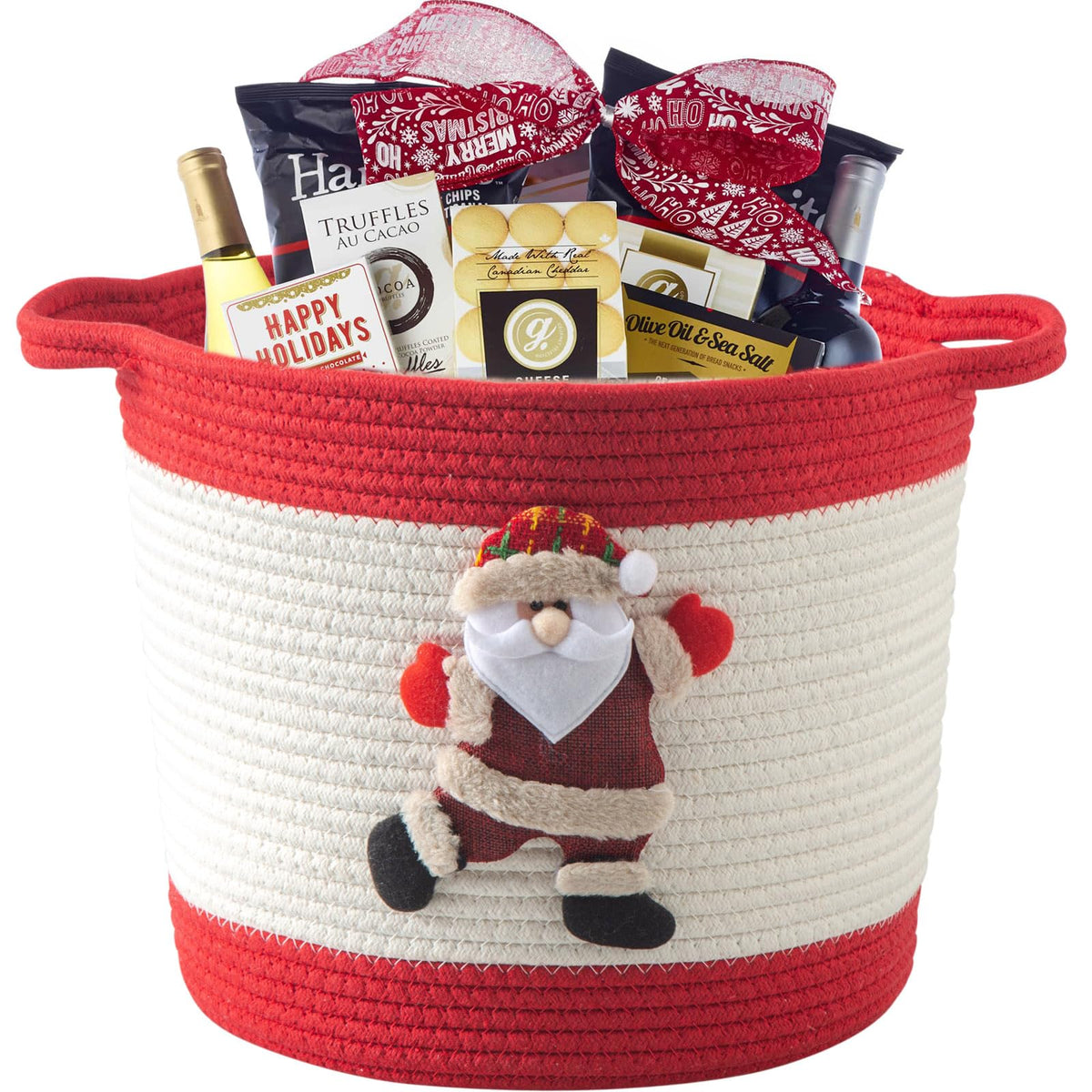 HomeyPine Christmas Basket with Santa Claus Doll, Woven Cotton Rope Christmas Storage Basket with Handles, Christmas Toy Baskets for Baby Towels, Diapers, Pet Toy Storage Basket, Red