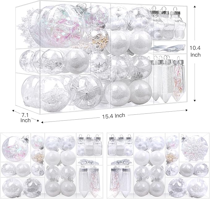 SHareconn 86PCS Christmas Balls Ornaments Set,Shatterproof Plastic Clear Decorative Baubles for Xmas Tree Decor Holiday Wedding Party Decoration, White