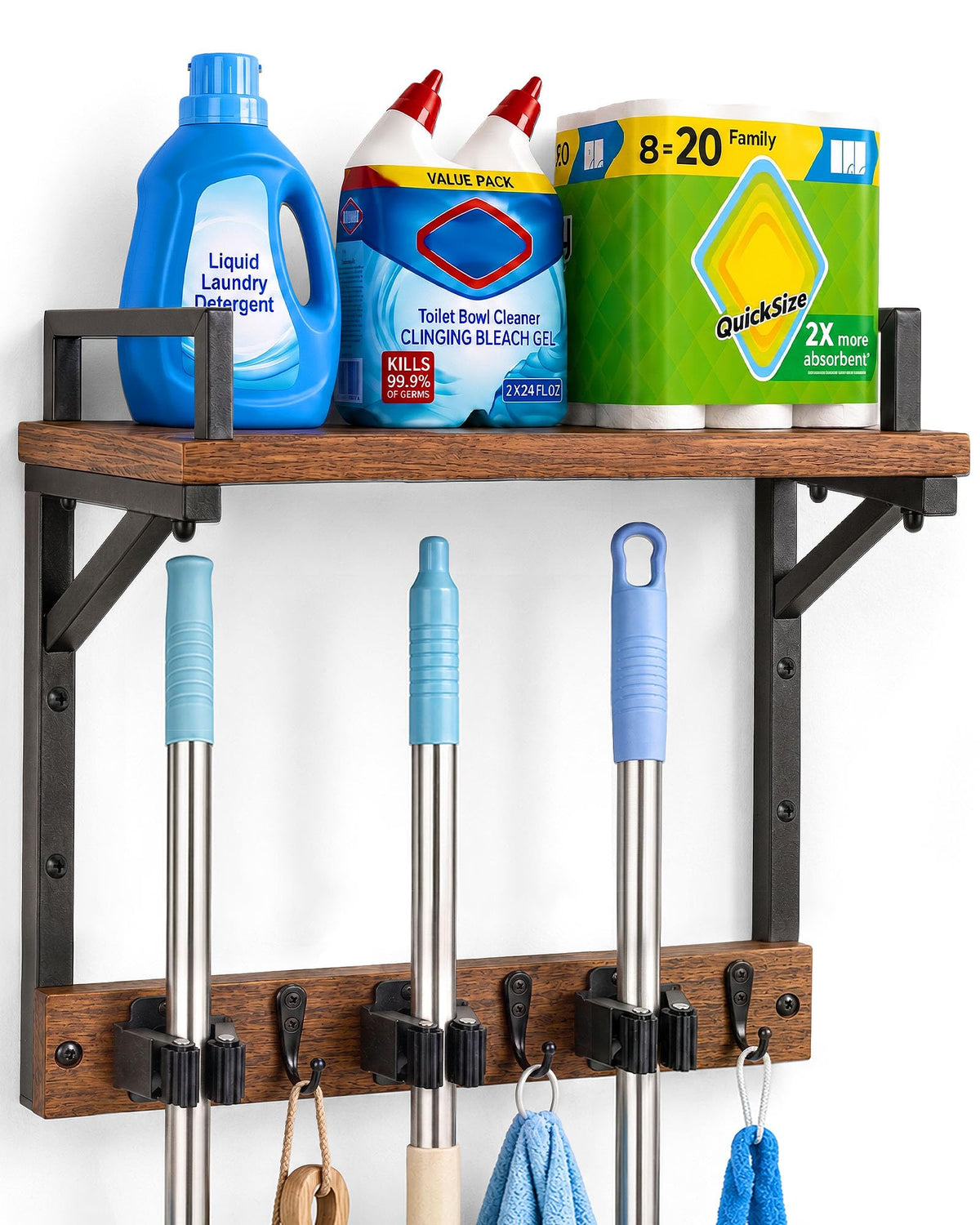 Lorbro Broom Holder Wall Mount with Cleaning Supplies Storage, Heavy Duty Broom and Mop Organizer Wall Hanging, Wooden Mop Organizer Hanger, 3 in 1 Storage Shelves for Laundry Room, Garage, Closet