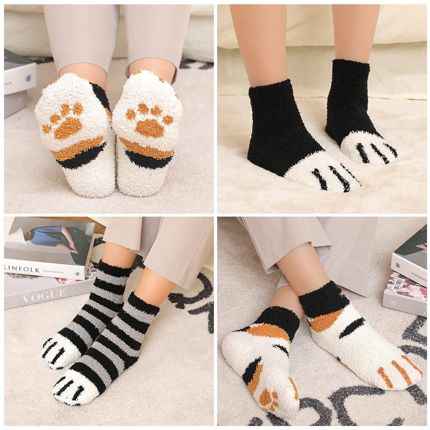 Trifabricy Fuzzy Socks for Women - 5 Pair Cute Funny Cat Fluffy Slipper Fuzzy Socks, Women's Warm Soft Cozy Cat Paw Sock for women