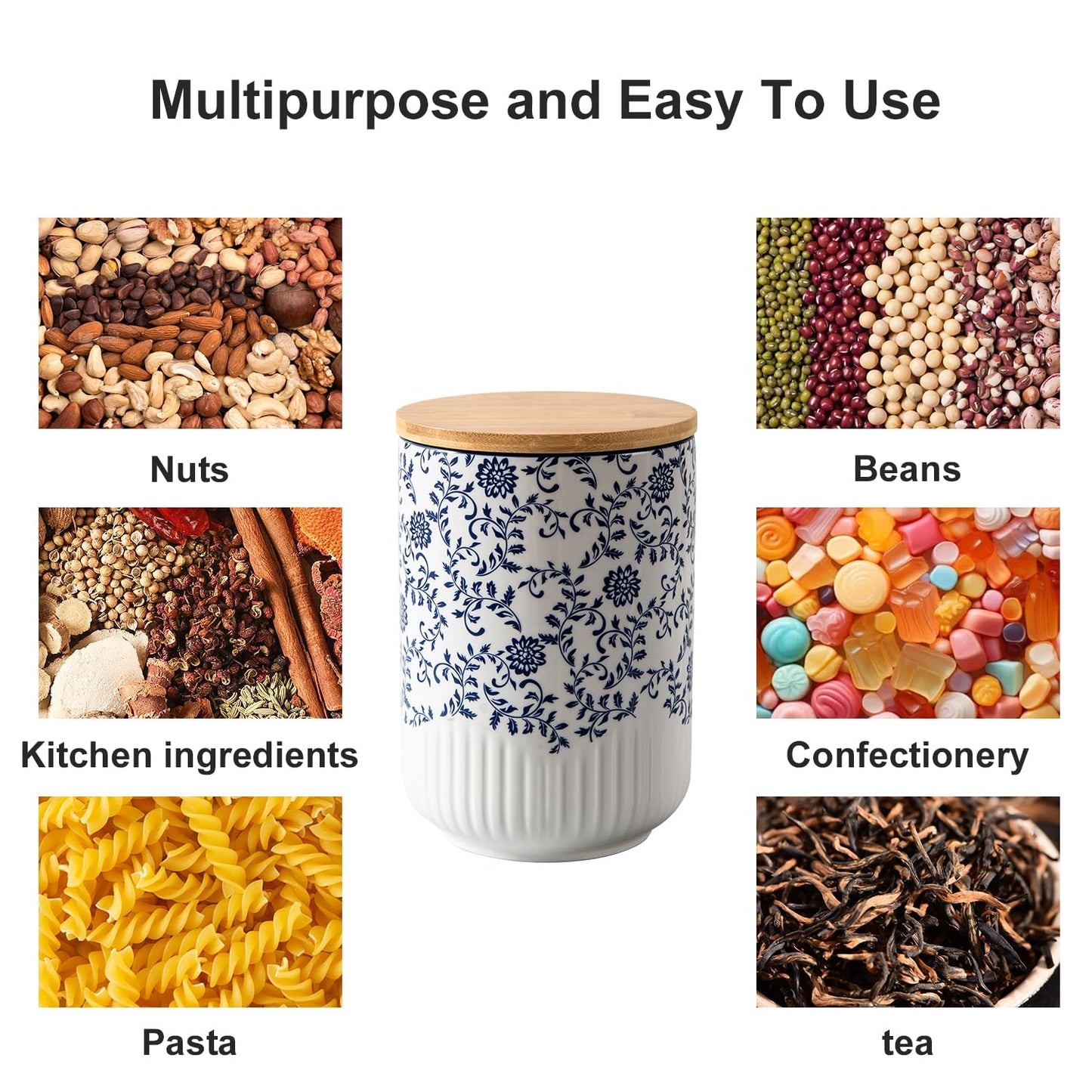 Cerkik Canisters Sets for the Kitchen - 2 Pcs 36/18 oz Ceramic Kitchen Containers for Countertop with Airtight Wood Lids - Flour and Sugar Containers for Coffee Tea Spice Beans Cookie Jars - Blue