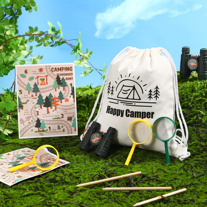 HyDren 8 Sets Camping Party Favors for Kids Safari Party Favors with 8 Camping Scavenger Hunt Cards 8 Canvas Gift Bags 8 Binocular Toys 8 Magnifying Glass 9 Pencils Outdoor Exploration Kit