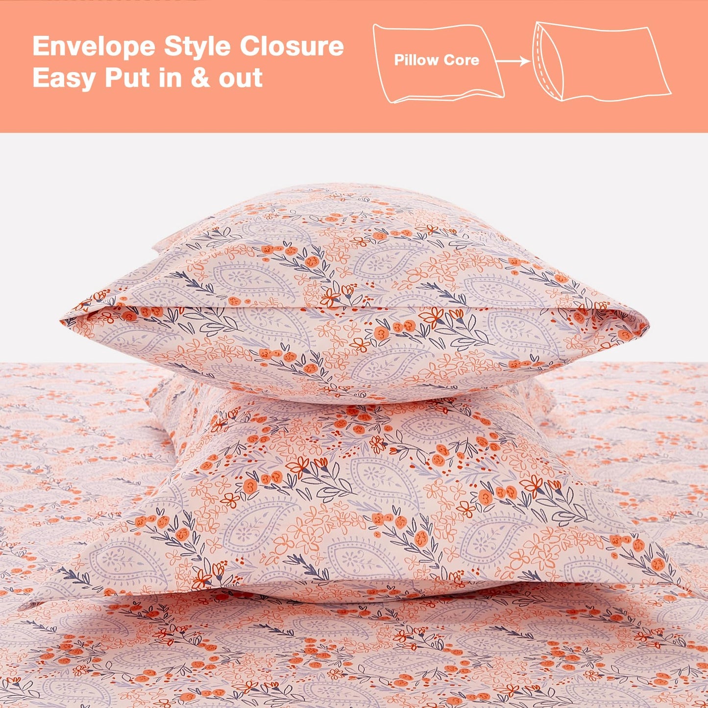 JSD Pink Paisley Floral Sheet Set Full Size, 4 Piece Soft Printed Microfiber Sheets Extra Deep Pocket